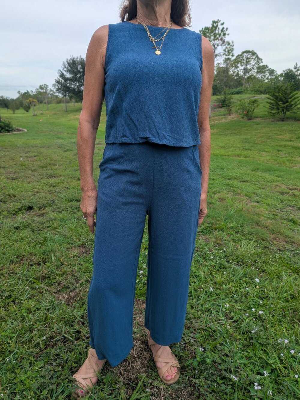 ANRABESS Linen 2 Piece Sleeveless Set Crop Top Capri Wide Leg NEVER WORN size S